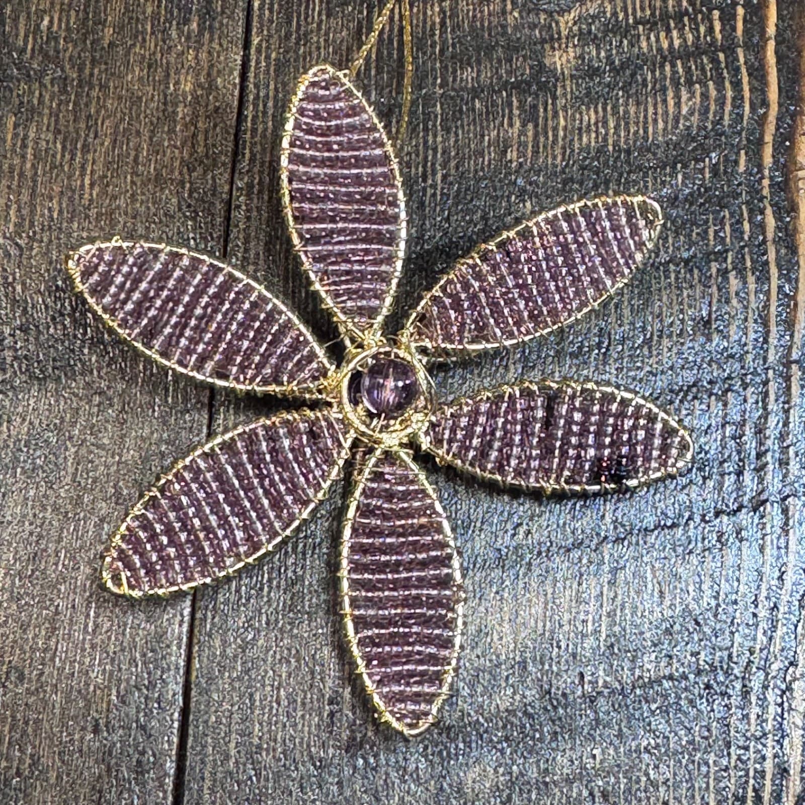 Vintage Christmas Holiday Tree Ornament - Purple Gold Bead Flower Handmade - Thumbnail 2