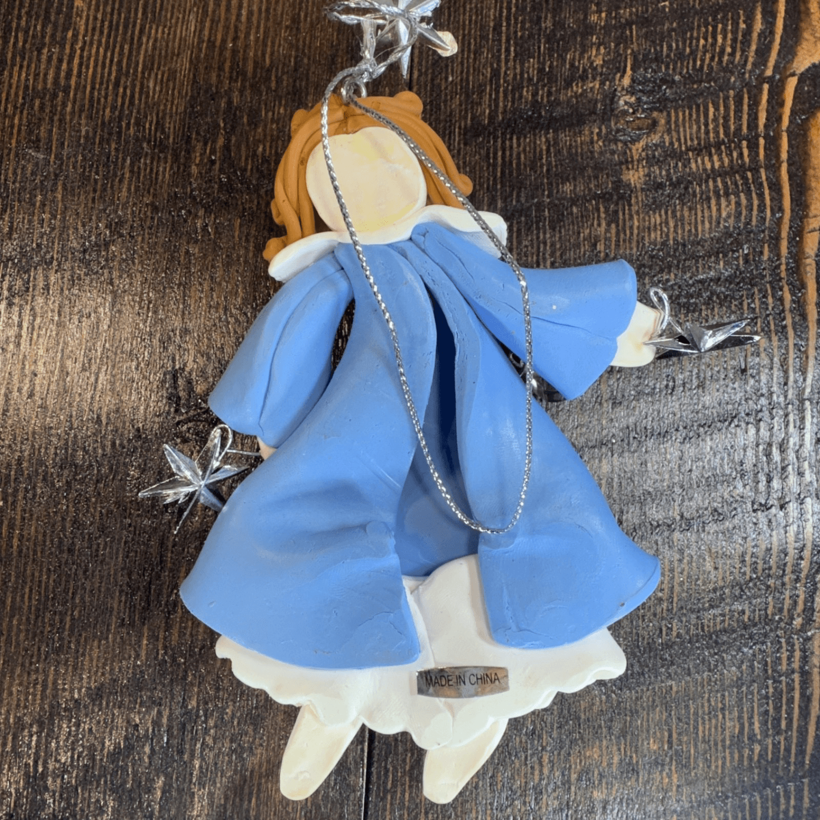 Vintage Christmas Holiday Tree Ornament - Blue Girl Angel with stars & Halo - Thumbnail 2
