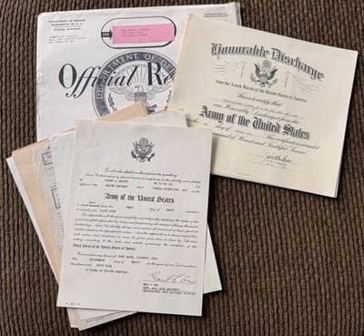 Vintage WWII Era US Army Honorable Discharge Papers & Records, W/Leather Folder - Thumbnail 2