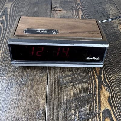 Vintage Ken-Tech Digital Alarm Clock, Model T-2096A, Wood Grain Red LED