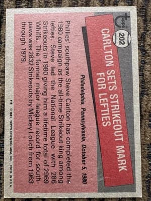 1974-1987 Topps lot of 6 STEVE CARLTON Baseball Cards. Philadelphia Phillies. - Thumbnail 7