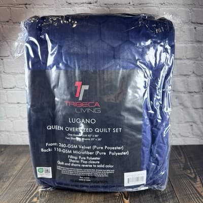 Tribeca Living Lugano Queen Oversized Quilt Sham Set Indigo - 3 Piece - Washable