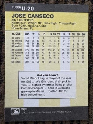 Jose Canseco Rookies 3 Card Lot, Donruss Rookies, Fleer Update, Topps 1986, 1987 - Thumbnail 7