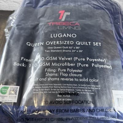Tribeca Living Lugano Queen Oversized Quilt Sham Set Indigo - 3 Piece - Washable - Thumbnail 2