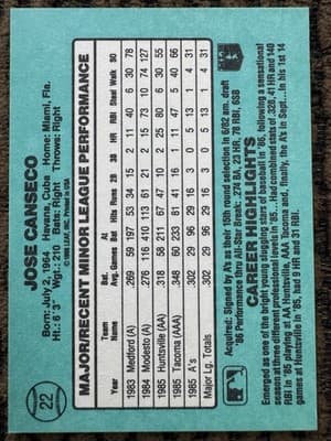 Jose Canseco Rookies 3 Card Lot, Donruss Rookies, Fleer Update, Topps 1986, 1987 - Thumbnail 10
