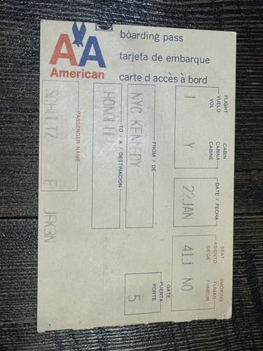 Vintage American Airlines Boarding Pass JFK HNL ORD First Class Airline Ticket - Thumbnail 4