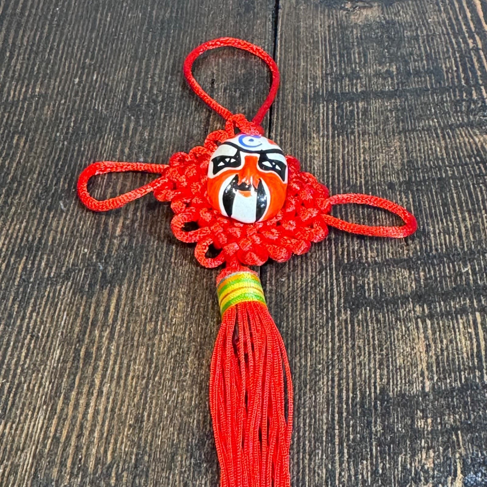 Vintage Chinese Opera Mask Pendant Knot Charm Red Color Symbol Happiness Wealth - Thumbnail 2