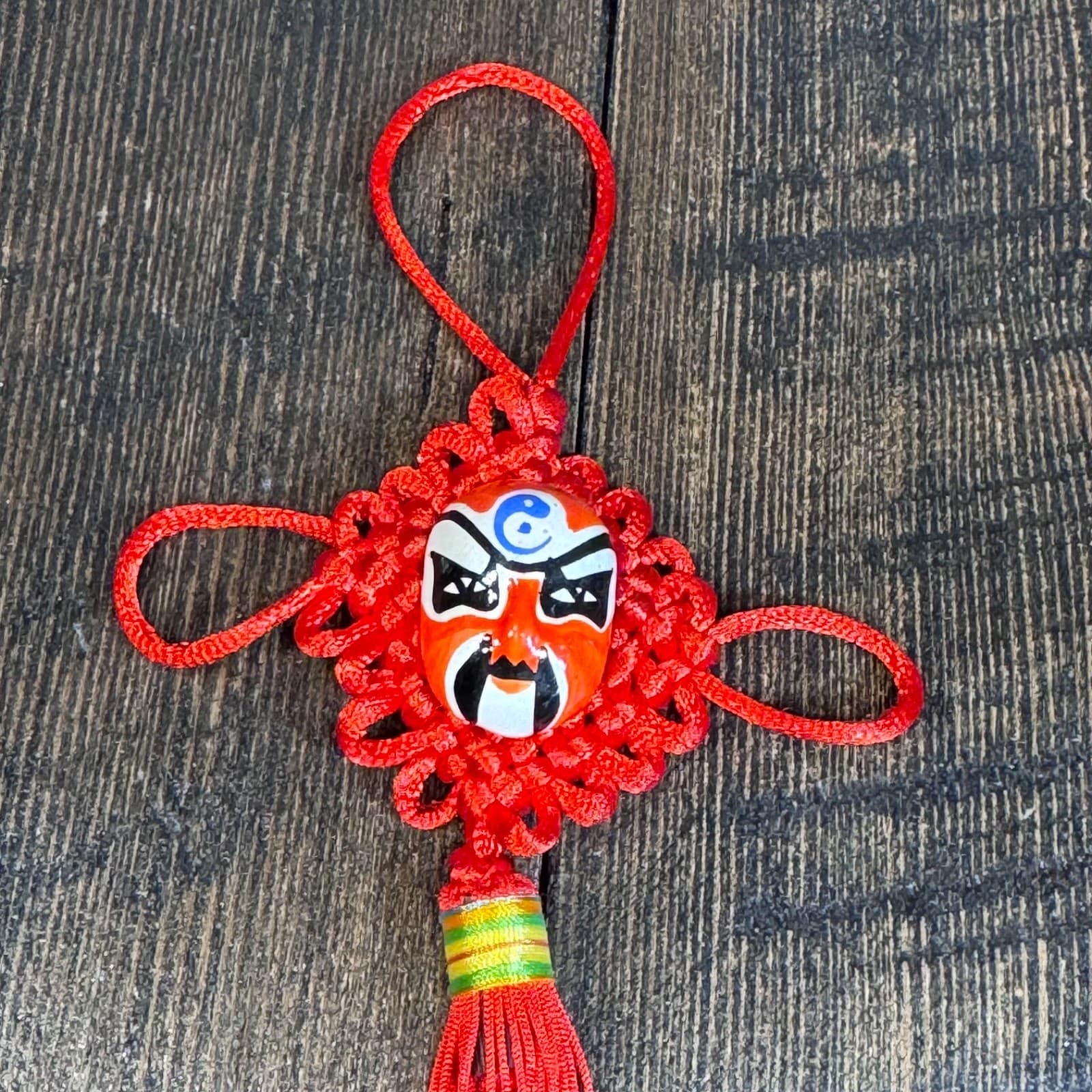 Vintage Chinese Opera Mask Pendant Knot Charm Red Color Symbol Happiness Wealth
