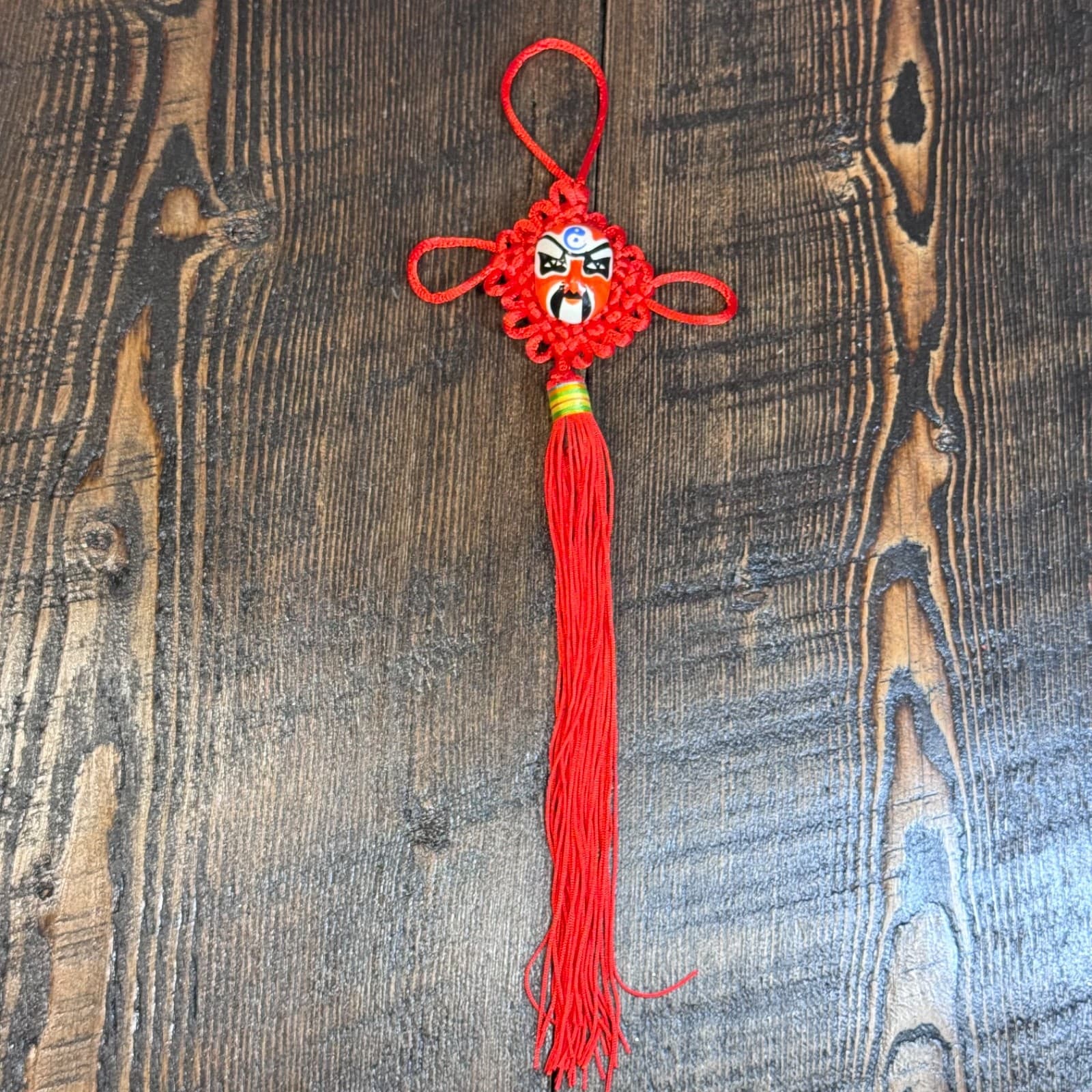 Vintage Chinese Opera Mask Pendant Knot Charm Red Color Symbol Happiness Wealth - Thumbnail 3