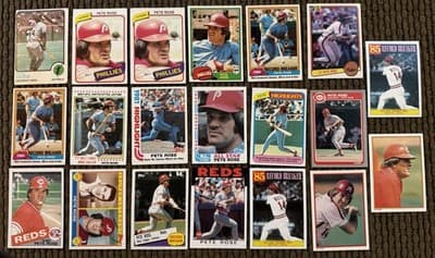 PETE ROSE 20 BASEBALL CARD LOT TOPPS FLEER DONRUSS 1973-1987 REDS PHILLIES