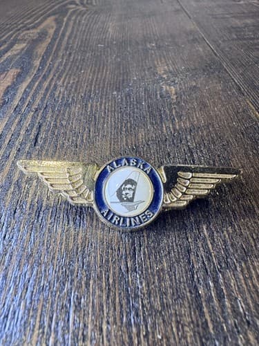 Alaska Airline Wings Hat Lapel Tie Push Back Pin Gold Metal Airplane Vintage