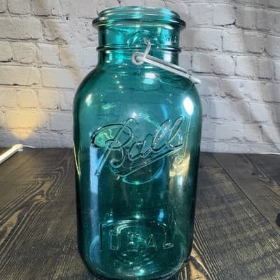 Vintage Ball Ideal Blue Glass Canning Jar w/ Wire Closure, 9.5" tall - NO lid