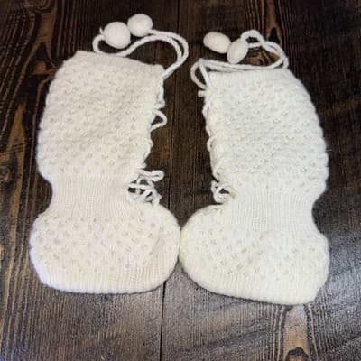 Vintage Knitted Handmade Crochet Baby Tall Booties White Basket Weave