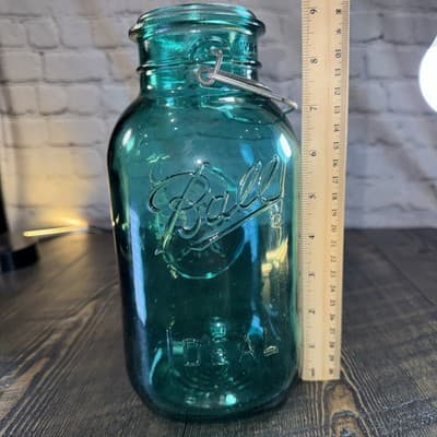 Vintage Ball Ideal Blue Glass Canning Jar w/ Wire Closure, 9.5" tall - NO lid - Thumbnail 16