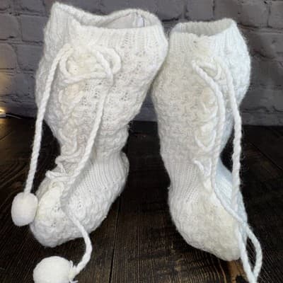 Vintage Knitted Handmade Crochet Baby Tall Booties White Basket Weave - Thumbnail 3