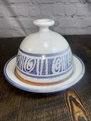 Butter Cheese Dish Pottery Glazed Stoneware Blue Gray with Dome Lid Cover - Thumbnail 3