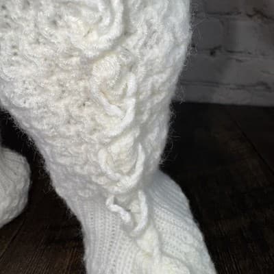 Vintage Knitted Handmade Crochet Baby Tall Booties White Basket Weave - Thumbnail 4