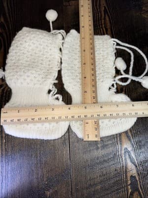 Vintage Knitted Handmade Crochet Baby Tall Booties White Basket Weave - Thumbnail 5