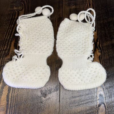 Vintage Knitted Handmade Crochet Baby Tall Booties White Basket Weave - Thumbnail 2