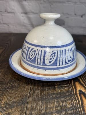 Butter Cheese Dish Pottery Glazed Stoneware Blue Gray with Dome Lid Cover - Thumbnail 2