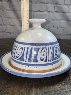 Butter Cheese Dish Pottery Glazed Stoneware Blue Gray with Dome Lid Cover - Thumbnail 10