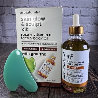 ArtNaturals Face & Body Rose & Vitamin E Bio Oil 4.0oz + Gua Sha Facial Tool Set