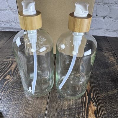 Clear Glass Soap Dispenser Set Kitchen - Tray Bamboo Dish and Hand Dispensers - Thumbnail 3
