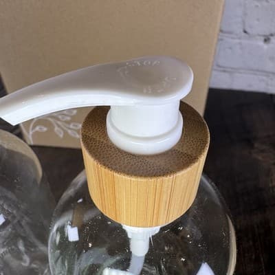Clear Glass Soap Dispenser Set Kitchen - Tray Bamboo Dish and Hand Dispensers - Thumbnail 5