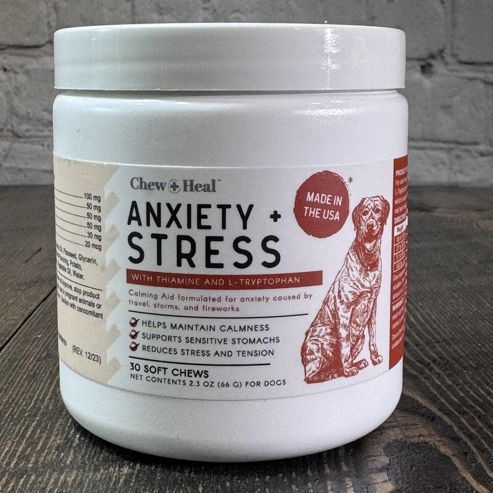 Chew + Heal Anxiety Stress Calming Supplement 30 Soft Chews for Dogs Thiamine