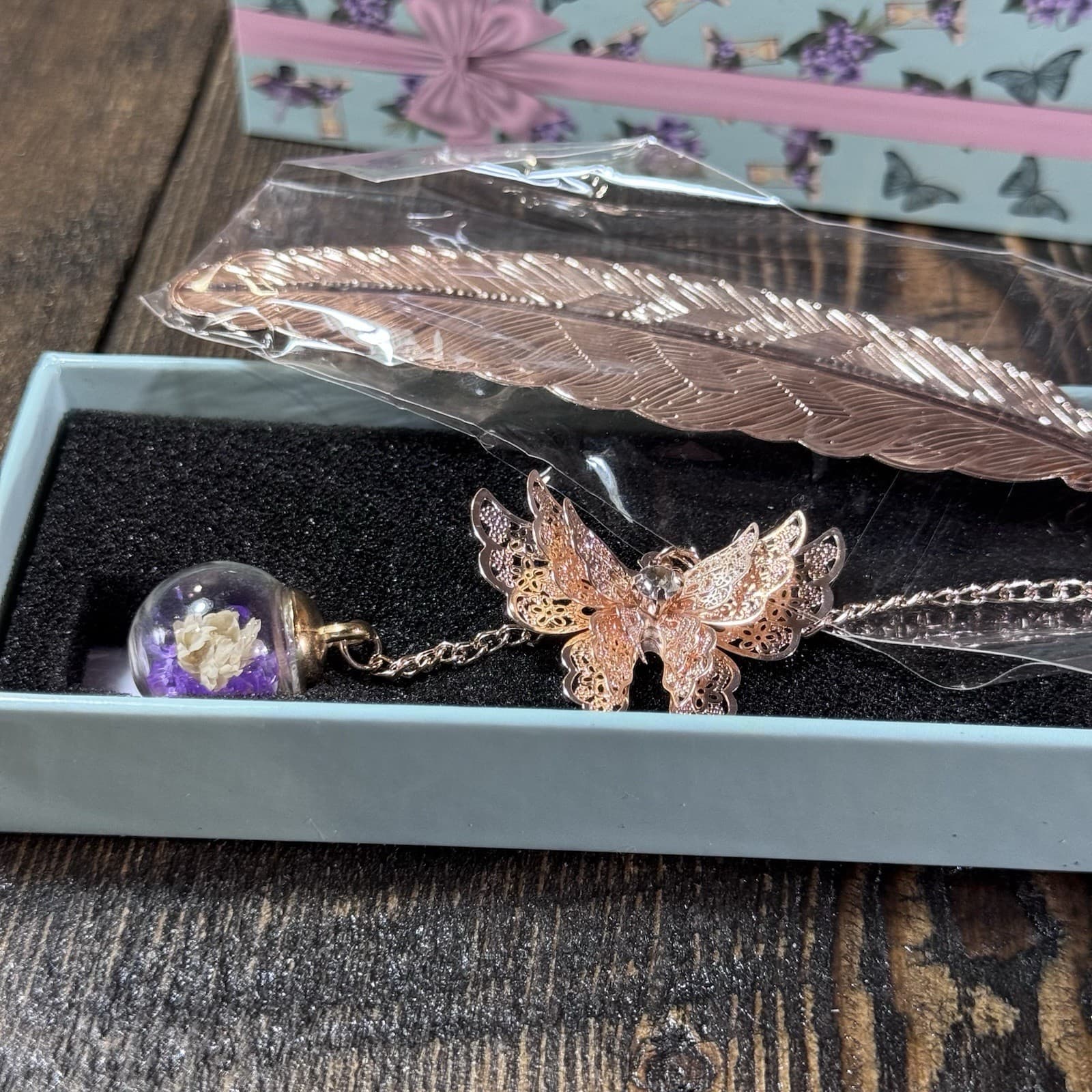 Metal Feather Bookmark Butterfly Book Mark Page Marker Gift Gold Purple Globe - Thumbnail 2