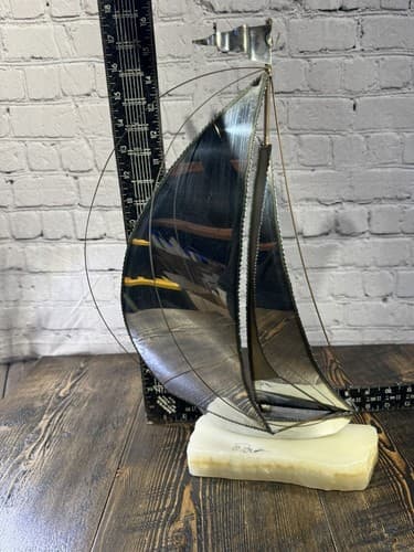 Vintage Signed John DeMott Art Brass Sailboat 17” Onyx Collectible 1975 boat - Thumbnail 2