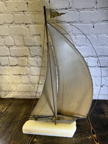 Vintage Signed John DeMott Art Brass Sailboat 17” Onyx Collectible 1975 boat - Thumbnail 4