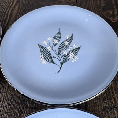 Set of 4 Homer Laughlin Skytone Blue 6" Bread Plate Stardust Blue MCM Leaves - Thumbnail 4