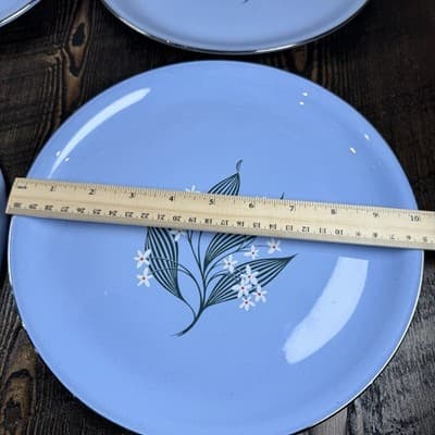 Set of 4 Homer Laughlin Skytone Blue 10" Dinner Plate Stardust Blue MCM Leaves - Thumbnail 9