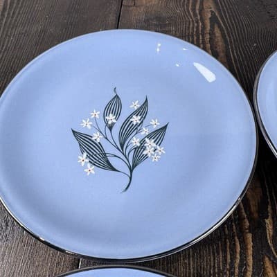Set of 4 Homer Laughlin Skytone Blue 6" Bread Plate Stardust Blue MCM Leaves - Thumbnail 5