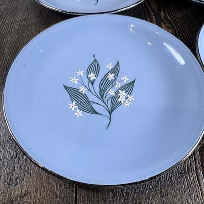 Set of 4 Homer Laughlin Skytone Blue 6" Bread Plate Stardust Blue MCM Leaves - Thumbnail 2