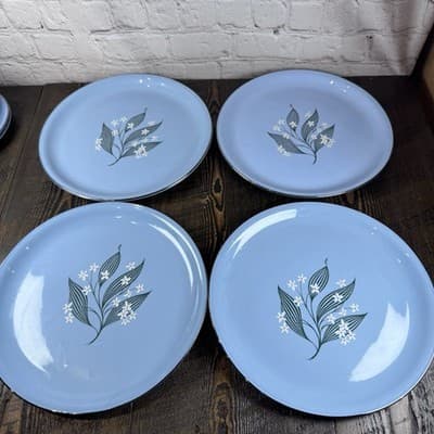 Set of 4 Homer Laughlin Skytone Blue 10" Dinner Plate Stardust Blue MCM Leaves - Thumbnail 2
