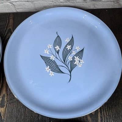 Set of 4 Homer Laughlin Skytone Blue 10" Dinner Plate Stardust Blue MCM Leaves - Thumbnail 5