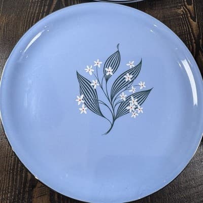Set of 4 Homer Laughlin Skytone Blue 10" Dinner Plate Stardust Blue MCM Leaves - Thumbnail 3