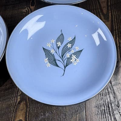 Set of 4 Homer Laughlin Skytone Blue 7.5” Soup Bowl Stardust Blue MCM Leaves - Thumbnail 3