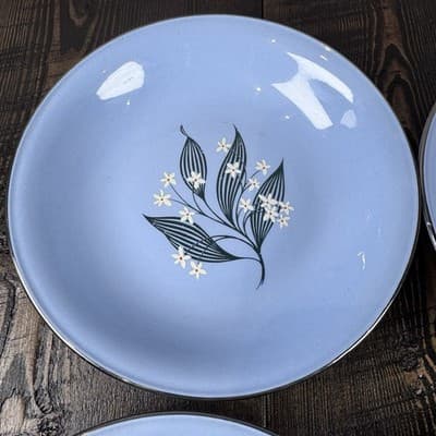 Set of 4 Homer Laughlin Skytone Blue 7.5” Soup Bowl Stardust Blue MCM Leaves - Thumbnail 5