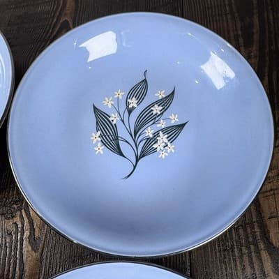 Set of 4 Homer Laughlin Skytone Blue 7.5” Soup Bowl Stardust Blue MCM Leaves - Thumbnail 4
