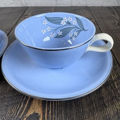 4 Piece Homer Laughlin Skytone Blue Teacup and Saucer Stardust Blue MCM Leaves - Thumbnail 3