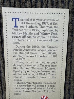 New York Yankees Old Timers Day 1987 Ticket Stub Yankee Stadium 60s vs 70s Mint - Thumbnail 7