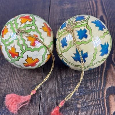 Set of 2 VTG Christmas Holiday Ornament Globe Ball Hand Painted