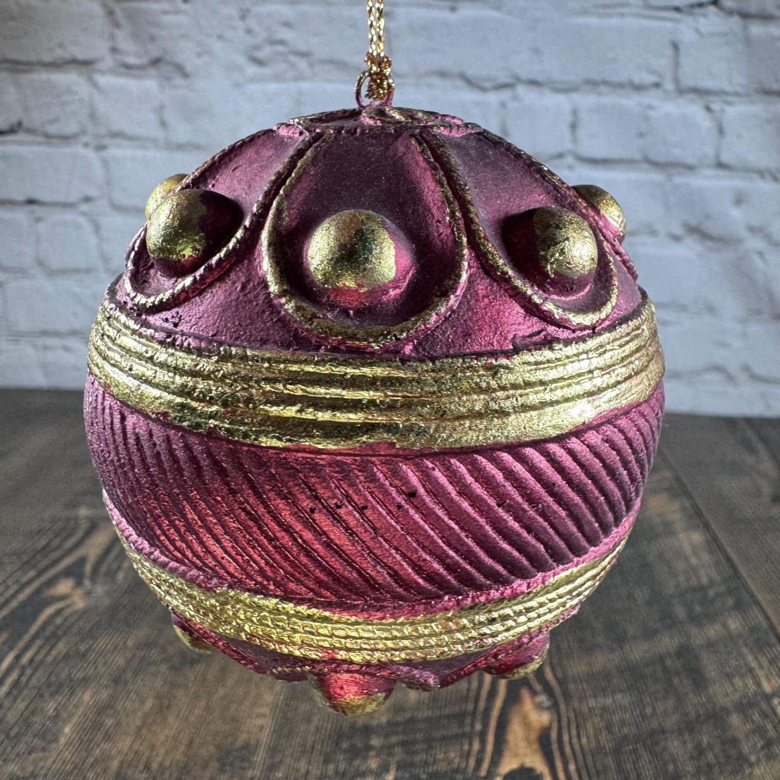 VTG Christmas Holiday Ornament Globe Ball Dark Red with Gold