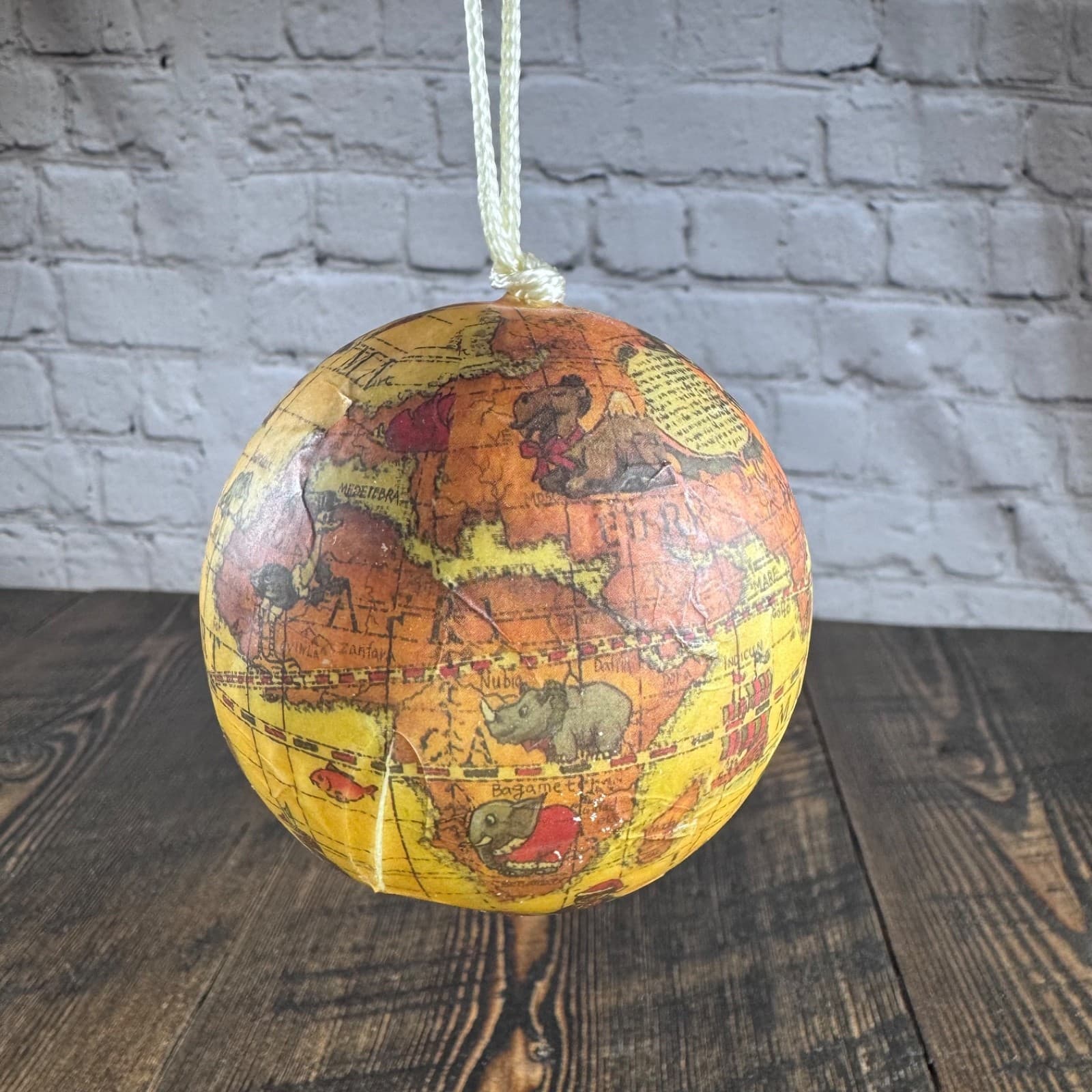 VTG Christmas Holiday Ornament Globe Ball Decoupage Earth World Map