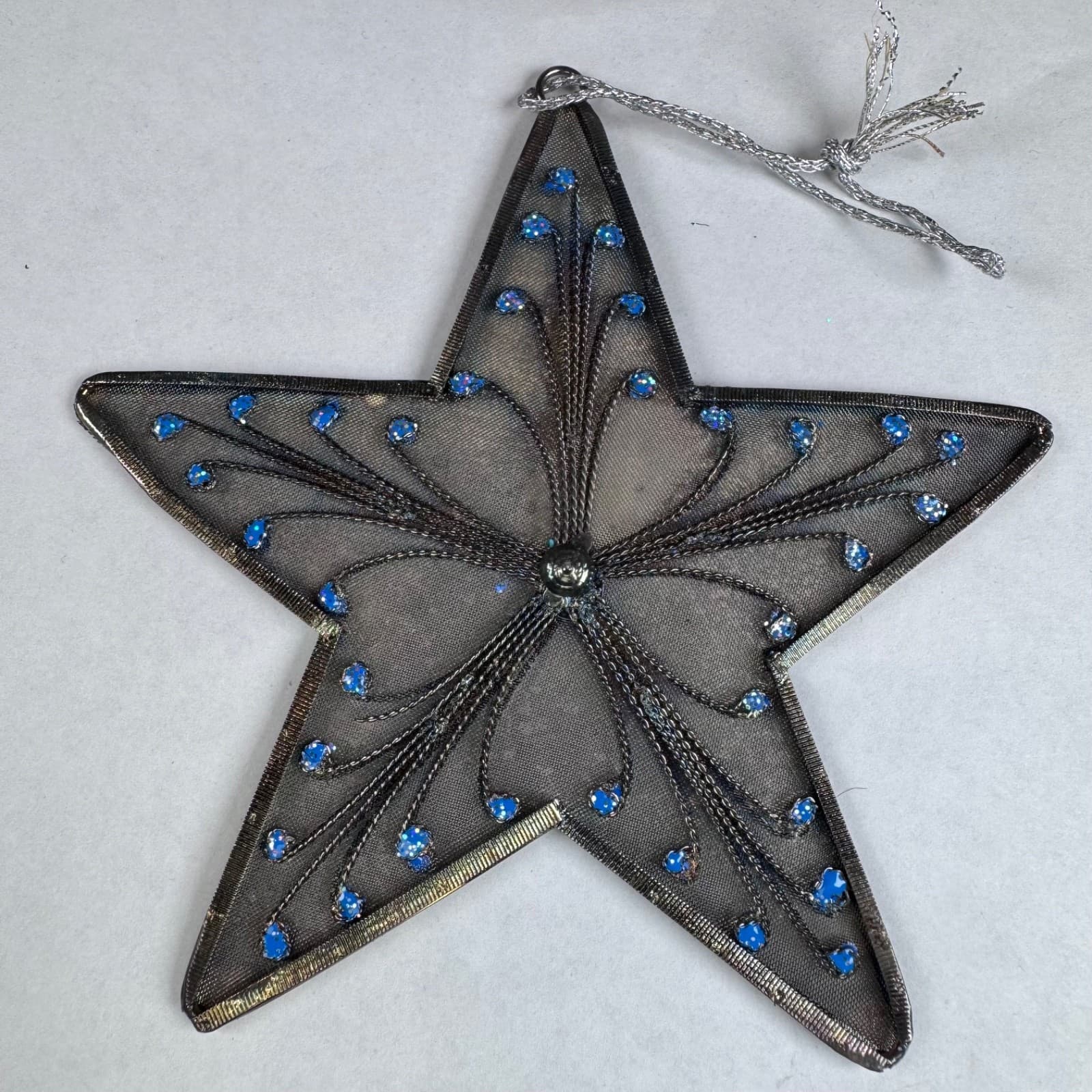Christmas Holiday Tree Ornament Aged Silver Metal Mesh Star with Blue Accent
