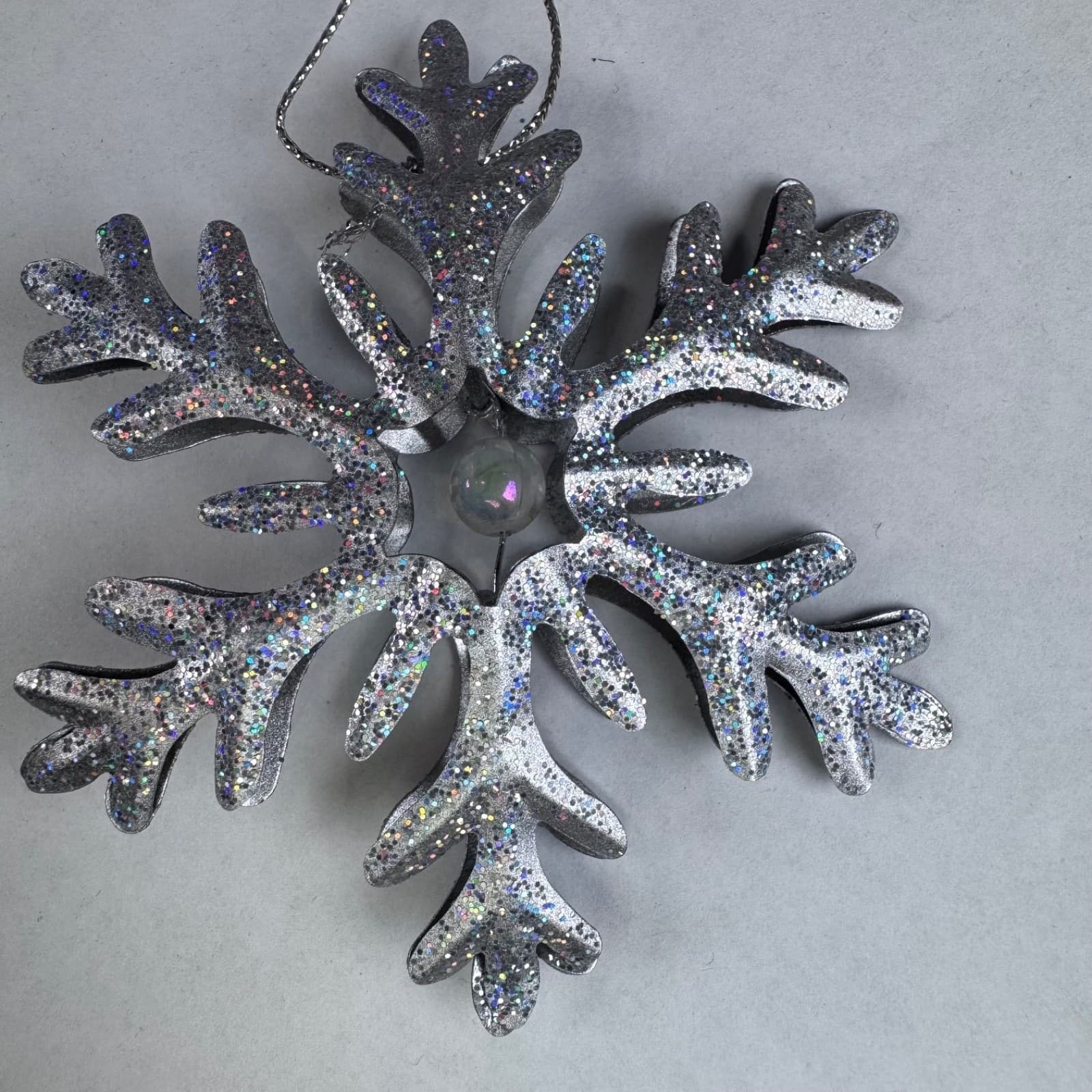 Christmas Holiday Tree Ornament Silver Metal Snowflake Glitter