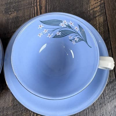 4 Piece Homer Laughlin Skytone Blue Teacup and Saucer Stardust Blue MCM Leaves - Thumbnail 5